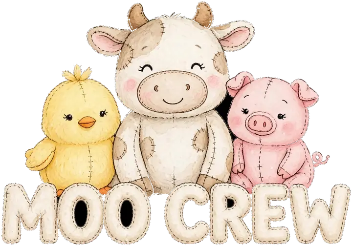 Moo Crew logo — stitched plush cow, chick and pig over pillow letters